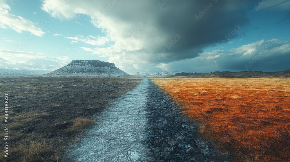 Wall mural Dramatic Landscape with Path Dividing Two Contrasting Terrains Under a Moody Sky with Mountain in the Distance