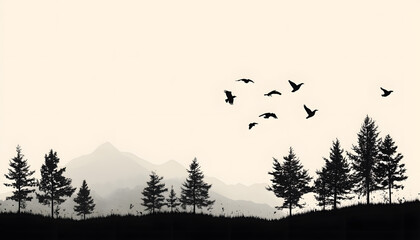 Fototapeta premium Silhouettes of trees, mountains, or birds in a single color against a plain background