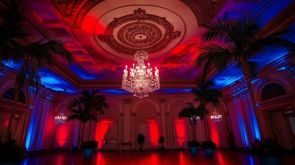 Sophisticated Ballroom with Ornate Ceiling Details, Crystal Chandeliers, and Potted Palm Trees Enhanced by Red and Blue Lighting
