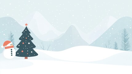 Minimalist winter landscape with snowman and christmas tree in a snowy mountain setting