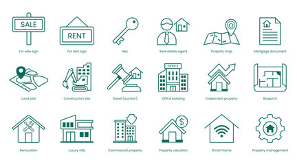 eal Estate Vector Icon Set: House, Apartment Building, For Rent Sign, Key, Property Map, Mortgage Document, Open House, Condominium, Construction Site, Auction, Investment Property, Blueprint