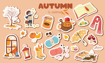 Autumn sticker clipart set. Autumn element vector set. Fall element. Tree, kid, honey, book, tea, window, pumpkin, wool yarn, umbrella, lamp, scarf. Flat vector in cartoon style isolated