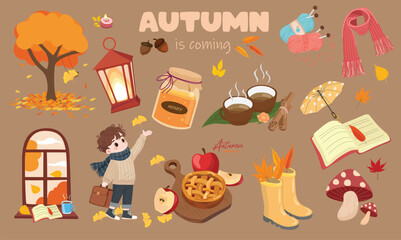 Autumn clipart set. Autumn element vector set. Fall element. Tree, kid, honey, book, tea, window, pumpkin, wool yarn, umbrella, lamp, scarf. Flat vector in cartoon style isolated on white background.