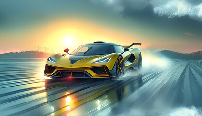 Watercolor a futuristic sports car racing on a track.