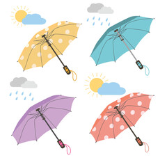 Umbrella vector set. Umbrella clipart. Weather icon. Outdoor accessory for rainy or sunny weather. Autumn element. Flat vector in cartoon style isolated on white background.