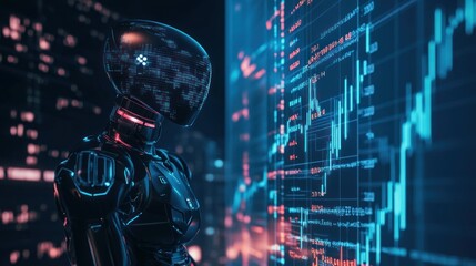 A robot is standing in front of a computer monitor with a lot of numbers