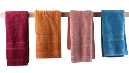 colorful bath towels in red, orange, pink, and blue, hanging neatly on a wooden rod, cut out transparent isolated PNG