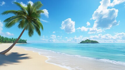 Fototapeta premium beautiful beach with a palm tree under beautiful blue sky in the luxury resort. There is a beautiful island by the horizon. 