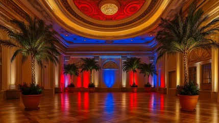 Fototapeta premium Opulent Ballroom with Ornate Ceiling Details, Potted Palm Trees, and Warm Lighting Accented by Red and Blue Uplighting