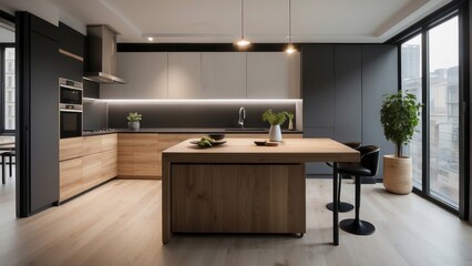Modern Kitchen with Wooden Island and Black Bar Stools