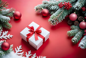Red gift box with black ribbon, pine branches, ornaments, and snow. Festive holiday theme. Red and green background. Christmas concept