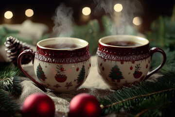 Fototapeta premium Christmas Hot Cocoa in Festive Mugs with Ornaments and Pinecones - Cozy Holiday Ambiance