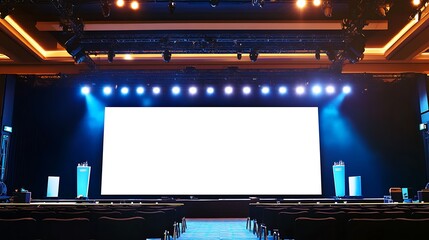 Spacious Corporate Event Stage with Large Blank Screen and Professional AV Setup for Business Gatherings