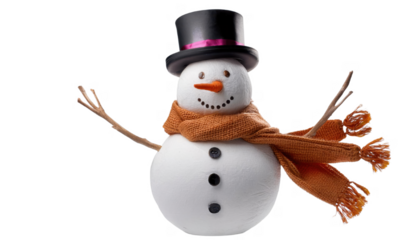 Cheerful snowman adorned with a black top hat, an orange scarf, twig arms ,cut out transparent isolated PNG