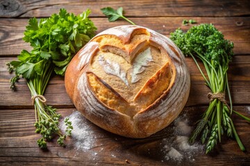 photo image of a warm, crusty loaf of bread with a delicate, hand-drawn heart carved into the surface, surrounded by fresh herbs