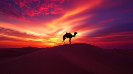 Majestic camel standing on a desert dune under a dramatic sunset