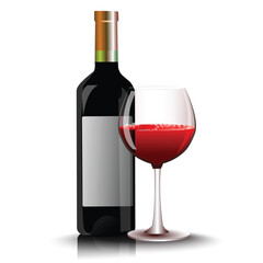 Red wine glass and a bottle on white background