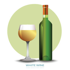 A bottle of wine and a glass of wine on a white background.