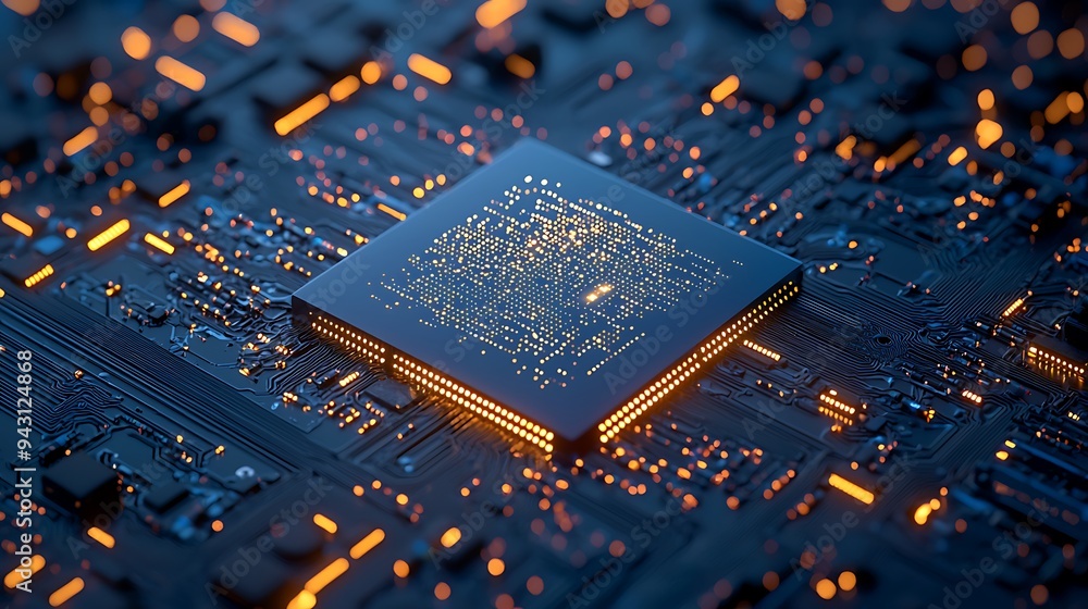 Poster a futuristic circuit board features a glowing processor chip, the core of innovation and digital pow