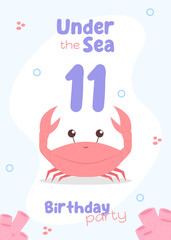 Kids' marine-themed eleventh birthday invitation. Charming under-the-sea card with a red crab and pink corals in light colors.