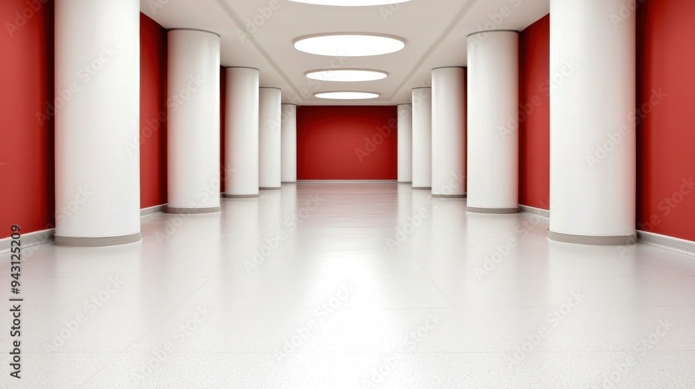 Poster a spacious corridor featuring elegant columns and vibrant red walls, ideal for architectural and int