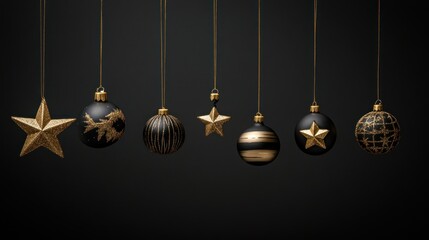 A collection of gold and black Christmas ornaments hanging from the ceiling