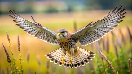 Fototapeta premium A kestrel soars above the field, wings outstretched, tail feathers splayed, frozen in a pose of effortless flight.