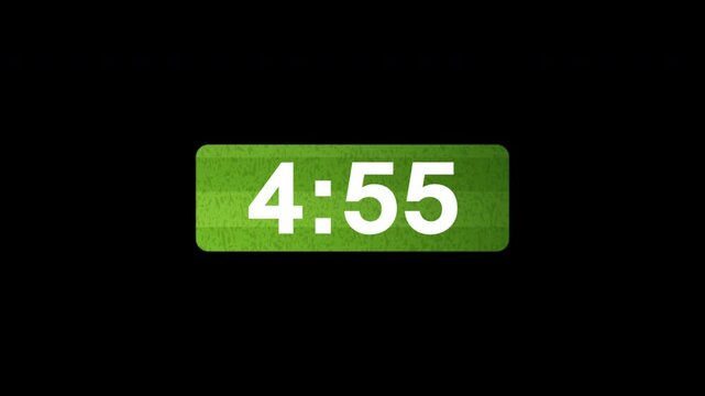 5 Minute countdown timer. Digital clock countdown. 5 Minute countdown timer on black blackground. Countdown timer of 5 Minute.