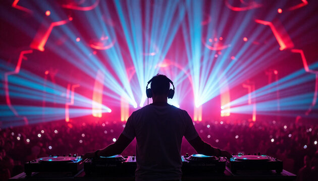 A DJ's silhouette dominates a vibrant concert stage, backlit by neon lights and lasers in an electrifying atmosphere.







