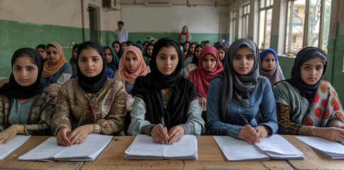 Female students in hijabs taking exams at an Indian university, focused and writing diligently