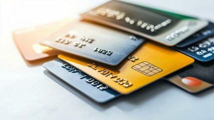 A close-up image of several stacked credit cards in different colors, perfect for illustrating financial concepts, online shopping, banking services, credit solutions, or cashless transactions,
