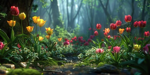 Spring garden full of blooming tulips, their colorful petals bathed in bright sunlight, surrounded by lush green leaves and natural beauty.