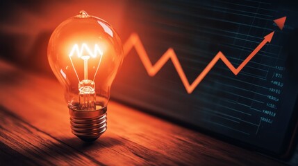 Lit light bulb with an upward trending arrow graph in the background symbolizing growth, innovation, and ideas.
