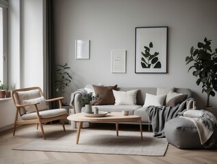Minimalist Living Room Interior with Light Wood Furniture and Greenery