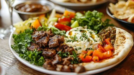 117. A plate of Lebanese shawarma with pita and vegetables