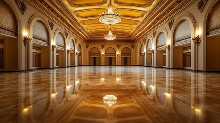 Fototapeta premium Elegant Empty Reception Hall with Shiny Marble Floors, Ornate Ceiling Details, and Soft Ambient Lighting