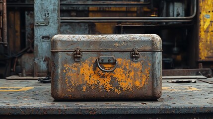 A rusty metal toolbox in an industrial setting speaks to hard work and craftsmanship.