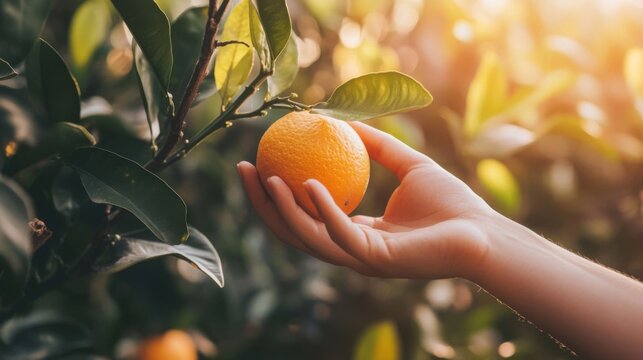 Close up of a persons hand picking a fresh orange from a tree in summer