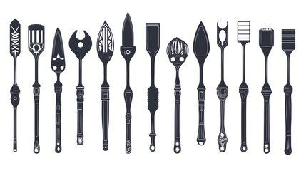 Set of 15 Black and White Spatula Icons.