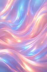 Obraz premium Mesmerizing abstract background. Soft, flowing waves of pastel pink, blue, and lavender colors. Holographic fluorescent fluid texture backdrop. For design projects, digital art, flyer. Copy space. 