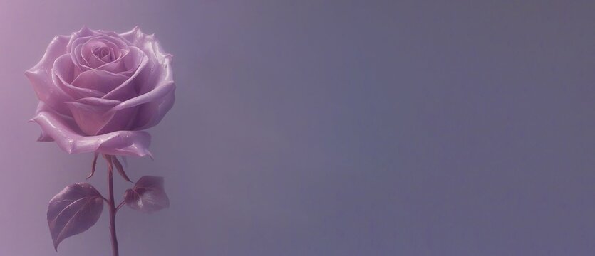 One bud of delicate pink rose on a pastel purple background with copy space. Beautiful single rose. Blooming flower. Valentine's, Mother's and Women's day greeting card, postcard, party invitation.  