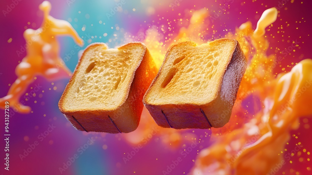 Poster toasted bread floating in a colorful abstract background.