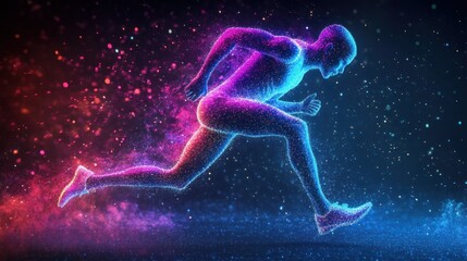 A man is running in a colorful, neon background