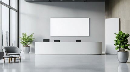 A large white wall with a black framed picture on it