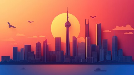 Obraz premium The Eastern Pearl of Sunset and the City Skyline