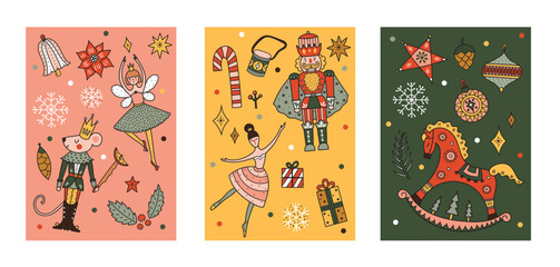 Interior poster with Nutcracker. Cute Christmas vector poster. Hand drawn illustration.