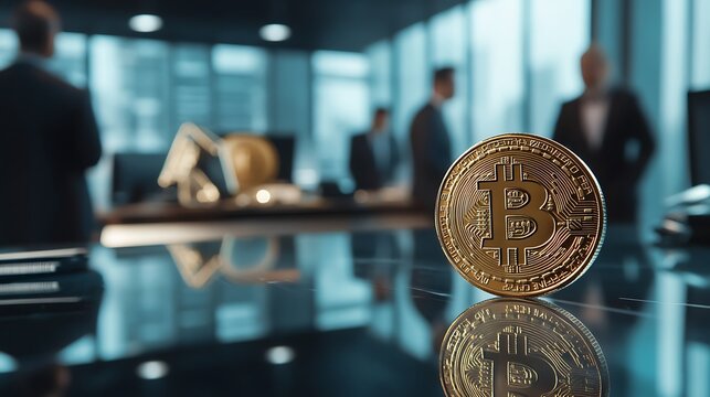 Digital Currency Strategy Meeting: Bitcoin Coin on Glass Desk with Diverse Team in Modern Business Environment - Powered by Adobe