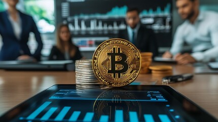 Cryptocurrency Market Analysis: Bitcoin Logo on Tablet with Business Team in Modern Office Setting