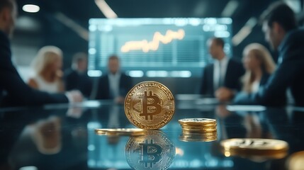 Digital Currency Strategy Session: Diverse Business Team Analyzing Bitcoin Market Trends and Financial Data on Glass Table