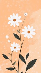 Minimalist floral illustration with daisies and leaves on a soft orange background, perfect for a phone wallpape